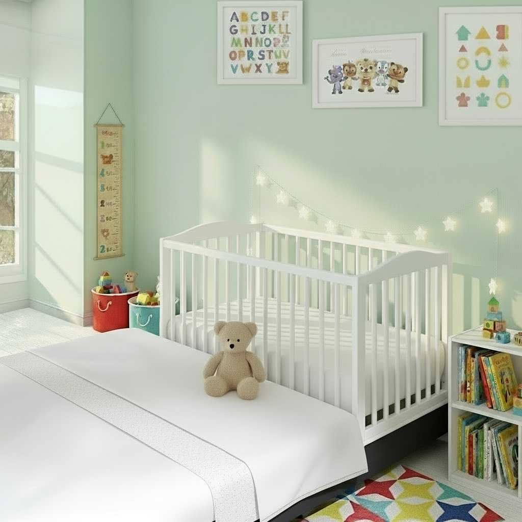 Children's bedroom with a white crib, white linen, teddy bear, and colorful decor.
